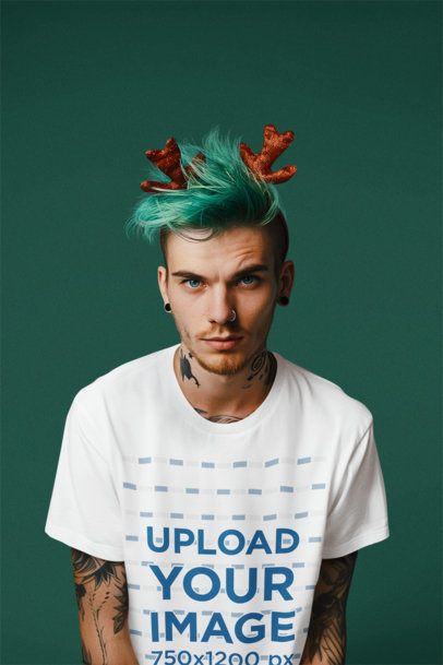Alternative Mockup Featuring an AI-Created Man With a Tee and Reindeer Christmas Ears