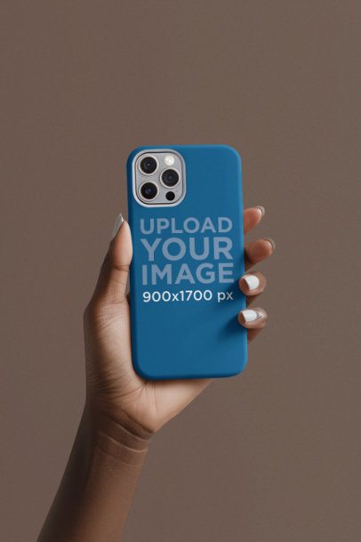 Print Mockup Featuring an AI-Created Woman's Hand Holding a Phone Case Against a Colorful Backdrop