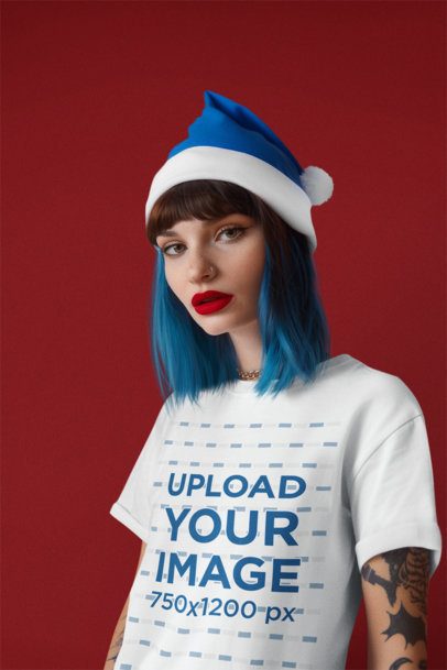 Alternative-Themed Mockup of an AI-Generated Woman With a T-Shirt and a Blue Christmas Hat