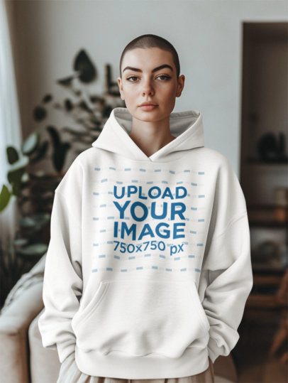 Oversized Hoodie Mockup Featuring an AI-Created Woman Posing in a Living Room