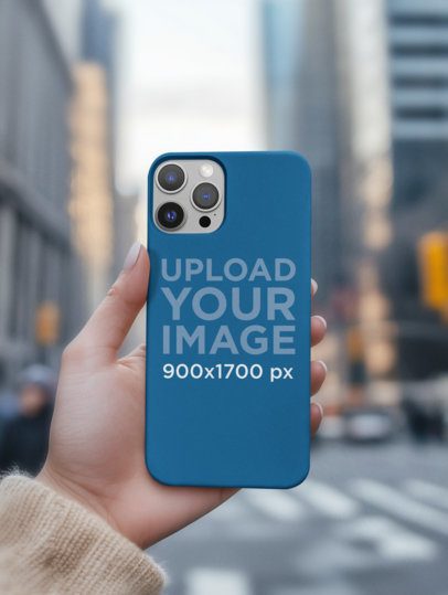 Mockup of an AI-Generated Woman Holding a Phone Case Against a City View