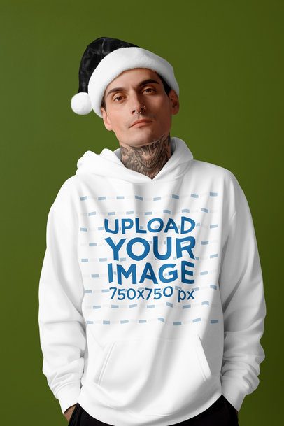 Pullover Hoodie Mockup Featuring an AI-Created Tattooed Man With a Xmas Outfit