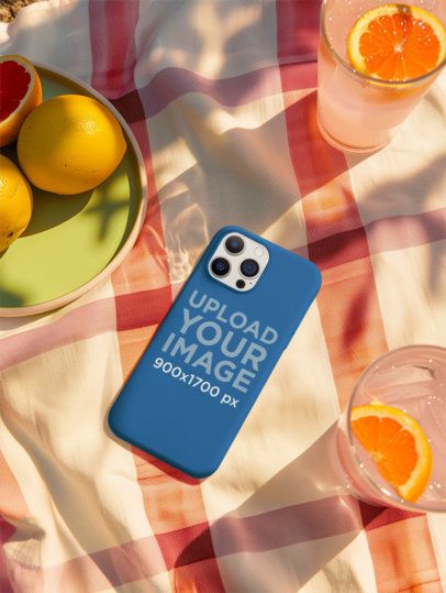 Mockup of an AI-Generated  Phone Case Lying on a Picnic Tablecloth