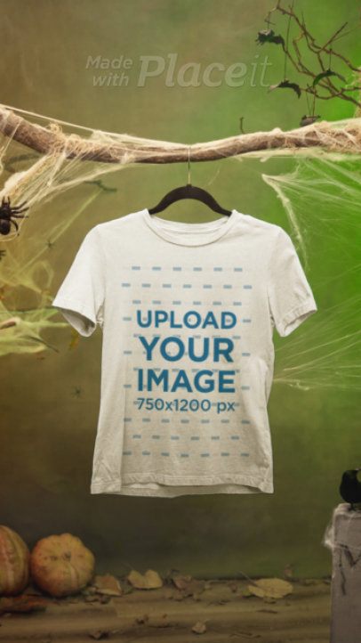 Video of a Round-Neck Bella Canvas Tee Hanging From a Tree in a Spooky Setting