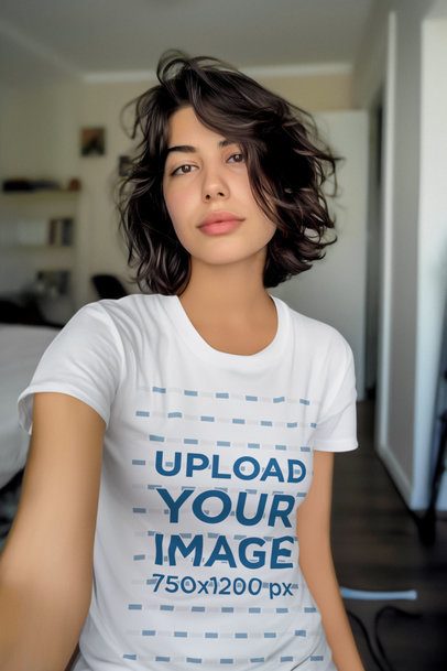 T-Shirt Mockup of an AI-Generated Short-Haired Woman Taking a Selfie in a Room