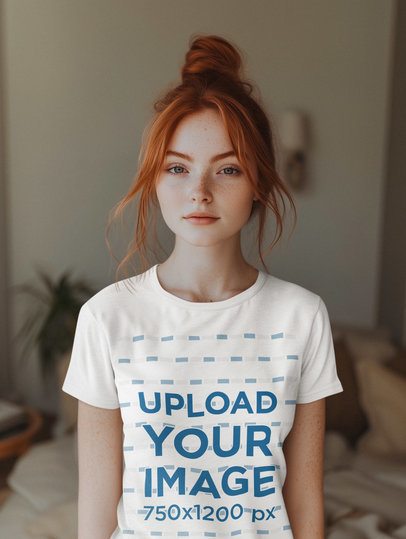 Round-Neck Tee Mockup of an AI-Generated Redhead Woman Posing in a Living Room