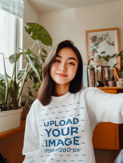 Crewneck Sweatshirt Mockup Featuring an AI-Created Smiling Woman Taking a Selfie