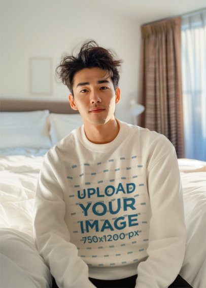 Sweatshirt Mockup of an AI-Generated Man Posing in a Bed