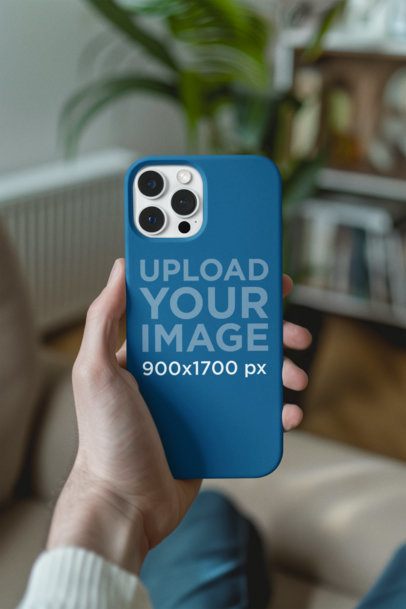 Mockup of an AI-Generated Man Holding a Phone Case in a Living Room