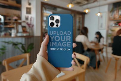 Mockup of an AI-Generated Hand Holding a Phone Case in a Restaurant
