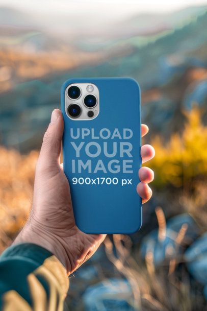 Mockup of an AI-Generated Man Holding a Phone Case Featuring a Natural Landscape