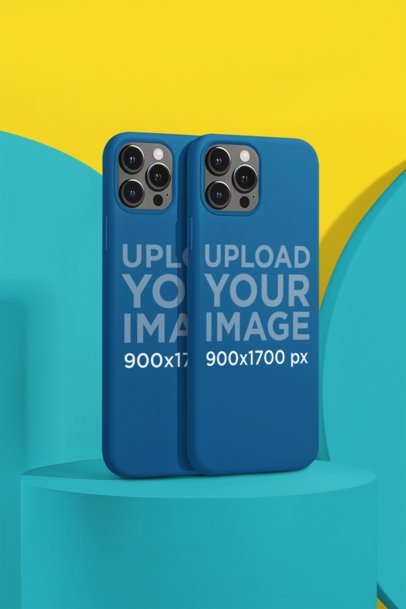 AI-Generated Mockup of Two Phone Cases Placed Against a Colorful Background