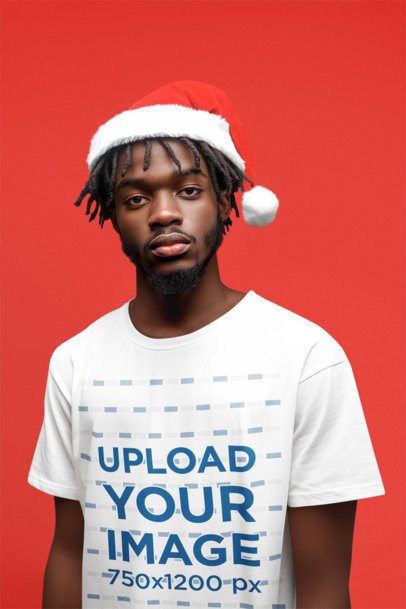 Round-Neck T-Shirt Mockup Featuring an AI-Created Man With a Santa Claus Hat