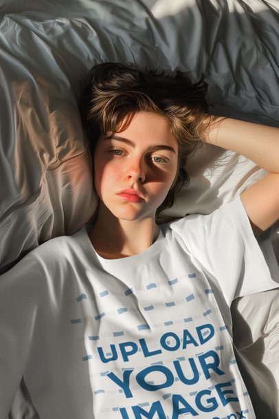 T-Shirt Mockup Featuring an AI-Created  Woman Taking a Selfie While Lying on a Bed m51557