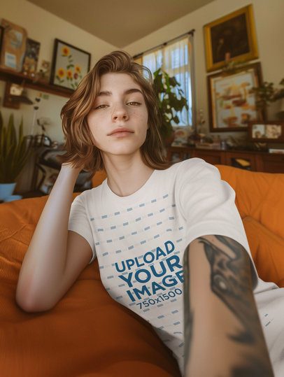 T-Shirt Mockup of an AI-Generated Tattooed Woman Taking a Selfie on a Couch