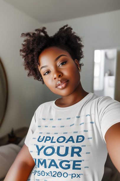 Mockup of an AI-Generated Woman Wearing a Round-Neck Tee and Taking a Selfie in a Room