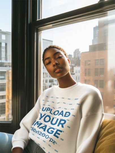 AI-Created Mockup Featuring a Serious Woman Wearing a Sweatshirt in her Apartment