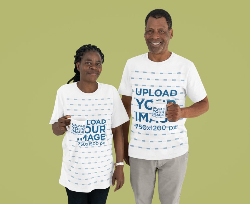 Round-Neck T-Shirt Mockup of Two Smiling Older Adults Holding Coffee Mugs