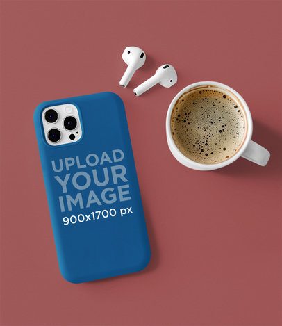 Mockup of an AI-Generated Phone Case Lying on a Surface With a Cup of Coffee and a Pair of Earphones