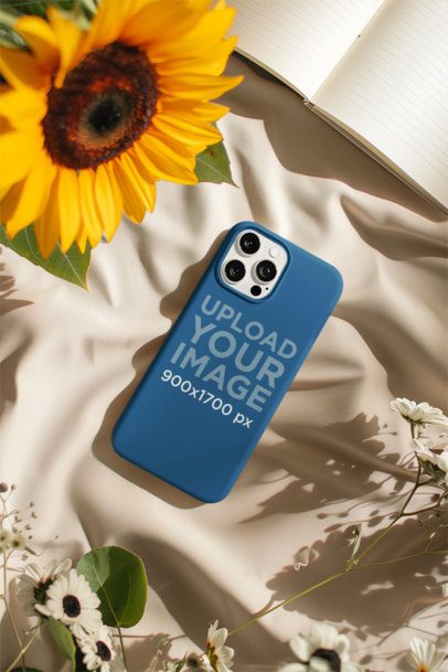 Phone Case Mockup Featuring an AI-Created Sunflower and a Blanket