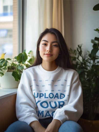 Sweatshirt Mockup of an AI-Generated Woman Posing Near a Window