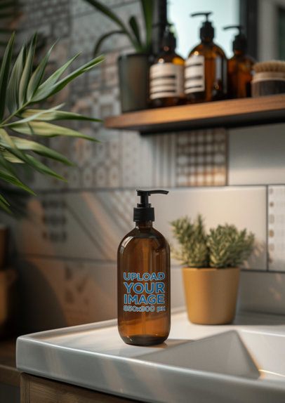 Print Mockup Featuring an AI-Created Shampoo Bottle Place in a Bathroom Sink m50642