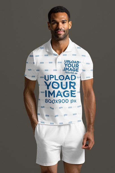 Sport Polo Shirt Mockup of an AI-Generated Bearded Man Posing in a Studio