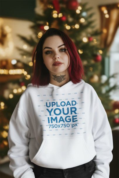 Pullover Hoodie Mockup Featuring an AI-Created Woman With an Alternative Look in a Christmas Set