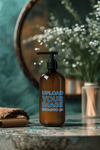 Print Mockup Featuring an AI-Created Amber Shampoo Bottle Placed in a Modern Bathroom m50664