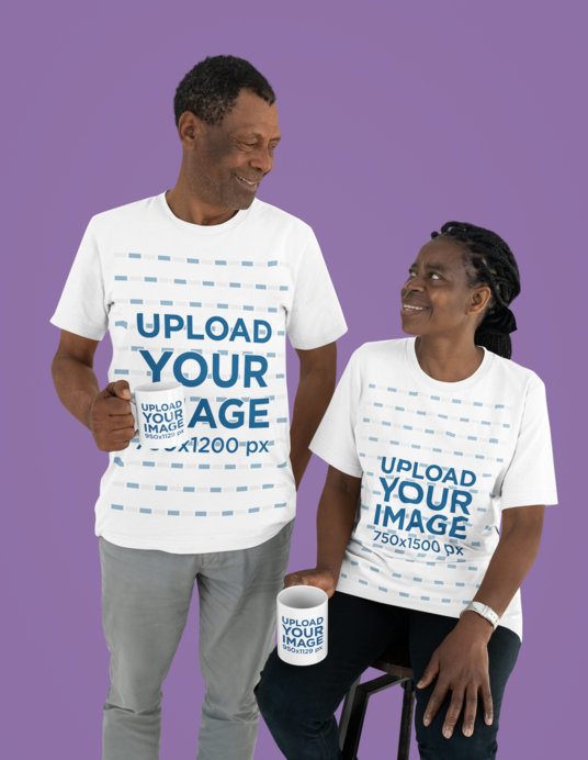 Mockup Featuring a Couple of Seniors Wearing T-Shirts and Holding Coffee Mugs
