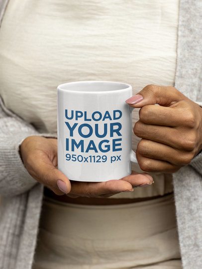 Mockup of a Woman Holding a Sublimated 11 Oz Coffee Mug
