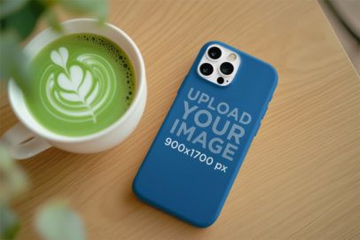 Phone Case Mockup Featuring  an AI-Created Table With a Matcha Tea