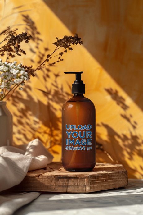 Mockup of an AI-Generated Amber Shampoo Bottle Placed on a Wooden Surface