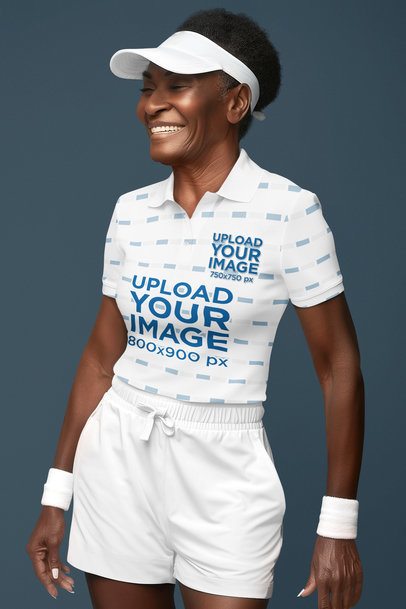 Sublimated Polo Shirt Mockup Featuring an AI-Created Happy Woman in a Tennis Outfit