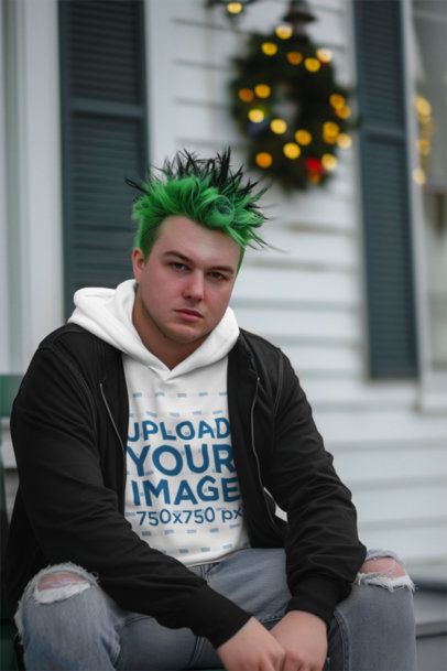 Hoodie Mockup Featuring an AI-Created Man in a Punk Style Celebrating Xmas