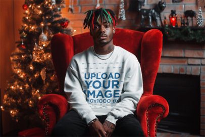AI-Created Mockup of a Man in a Christmas-Decorated Room Wearing a Sweatshirt