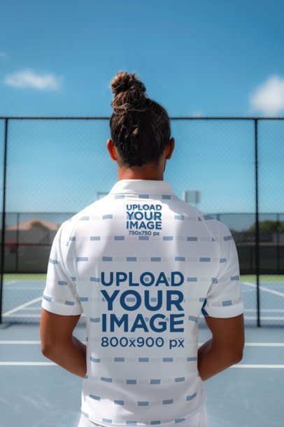 Back-View Polo Shirt Mockup of an AI-Generated Man on a Tennis Court