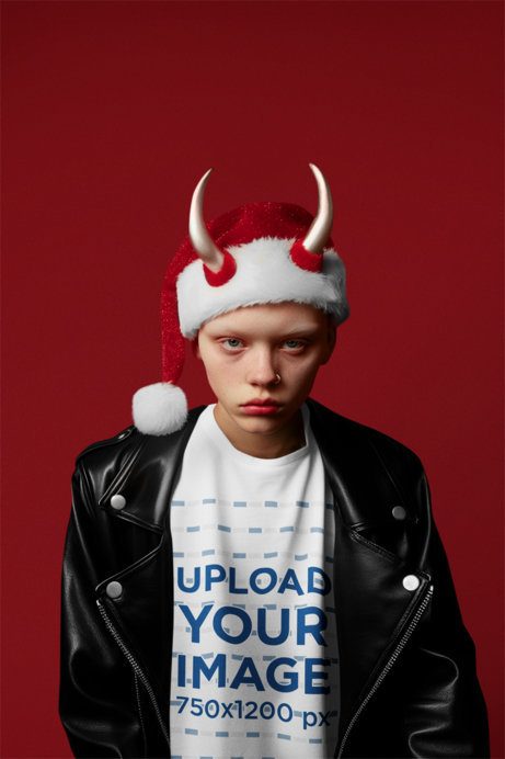 T-Shirt Mockup of an AI-Created Man Wearing a Christmas Hat with Horns