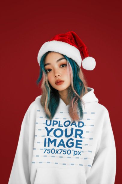Christmas-Themed Mockup Featuring an AI-Created Woman Wearing a Pullover Hoodie