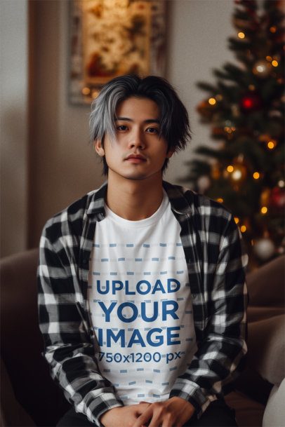 T-Shirt Mockup of a Man in a Living Room with Christmas Decorations m51702