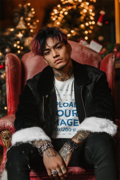 AI-Generated Mockup of a Tattooed Man Wearing a T-Shirt in a Xmas-Decorated Room