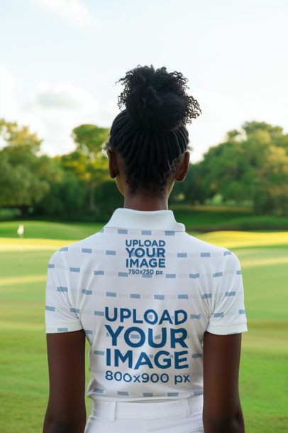 Back-View Mockup of an AI-Generated Woman Wearing a Sports Polo Shirt on a Golf Field