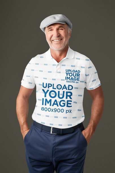 Polo Shirt Mockup of an AI-Generated Smiling Senior Man in a Sporty Style