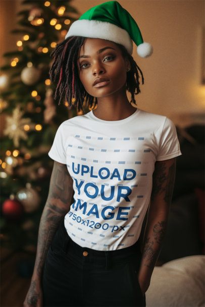 AI-Created Mockup of a Woman with Tattoos Wearing a T-Shirt in a Xmas-Decorated Room m51699