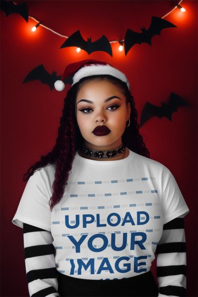 T-Shirt Mockup of an AI-Generated Woman in a Spooky Christmas Setting