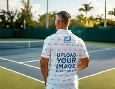 Back-View Mockup Featuring an AI-Created Man in a Sport Polo Shirt Playing Tennis