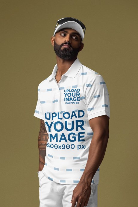 AI-Created Mockup of a Bearded Man with an Arm Tattoo Wearing a Sublimated Polo Shirt