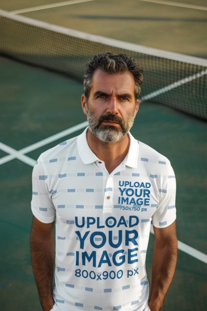 Sports Mockup Featuring an AI-Created Man in a Polo Shirt Posing in a Tennis Court