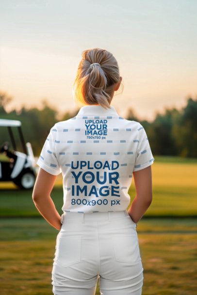 Polo Shirt Mockup Featuring the Back-View of an AI-Created Woman in a Golf Field m50902