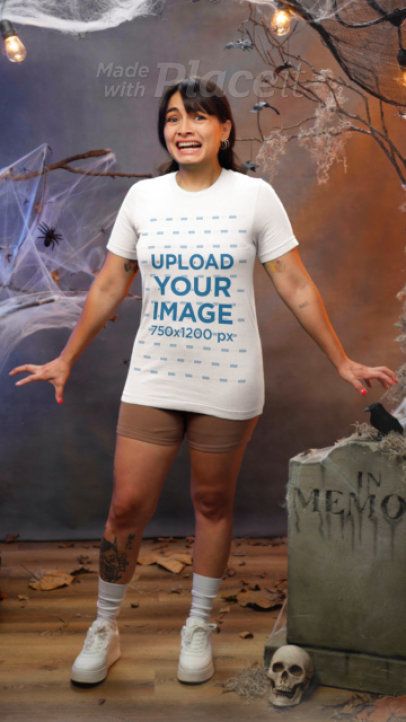 Spooky Video of a Scary Woman Wearing a Bella Canvas Tee in a Halloween Setting 8978v